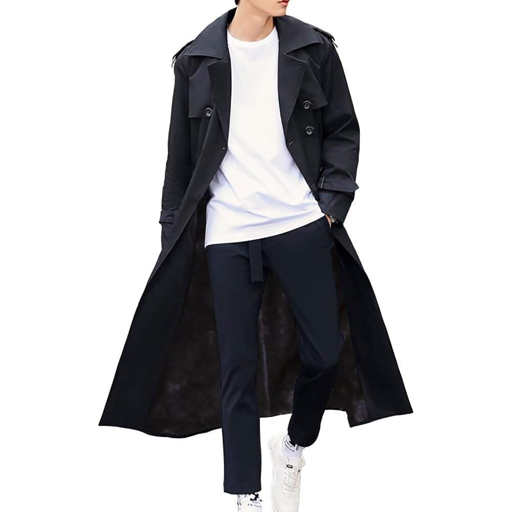 💫 Men Black Long Trench Coat Oversized Casual windbreaker Double Breasted Coat - Picture 1 of 7